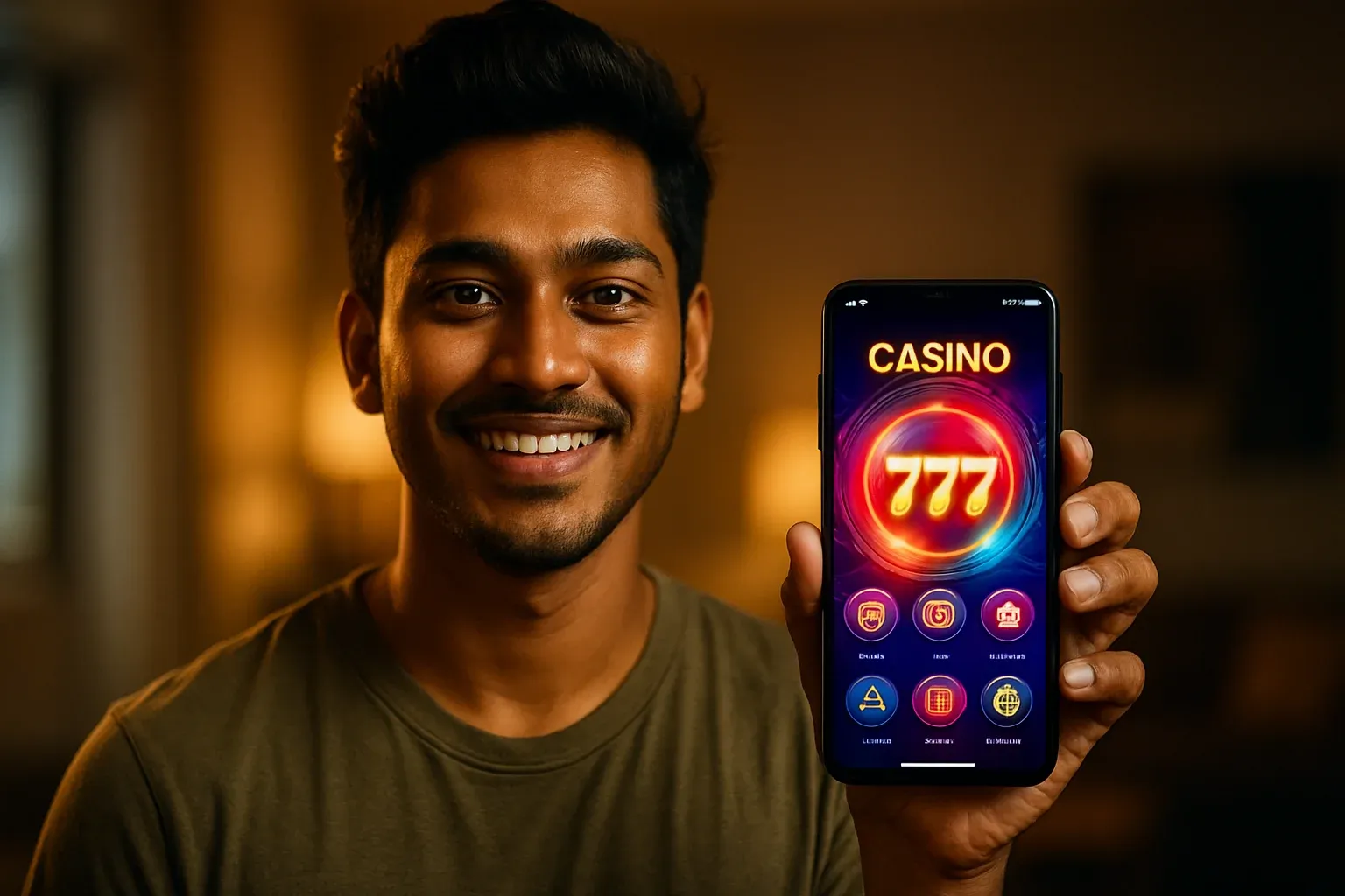 Young Bangladeshi man smiling, showing colorful mobile casino app on smartphone