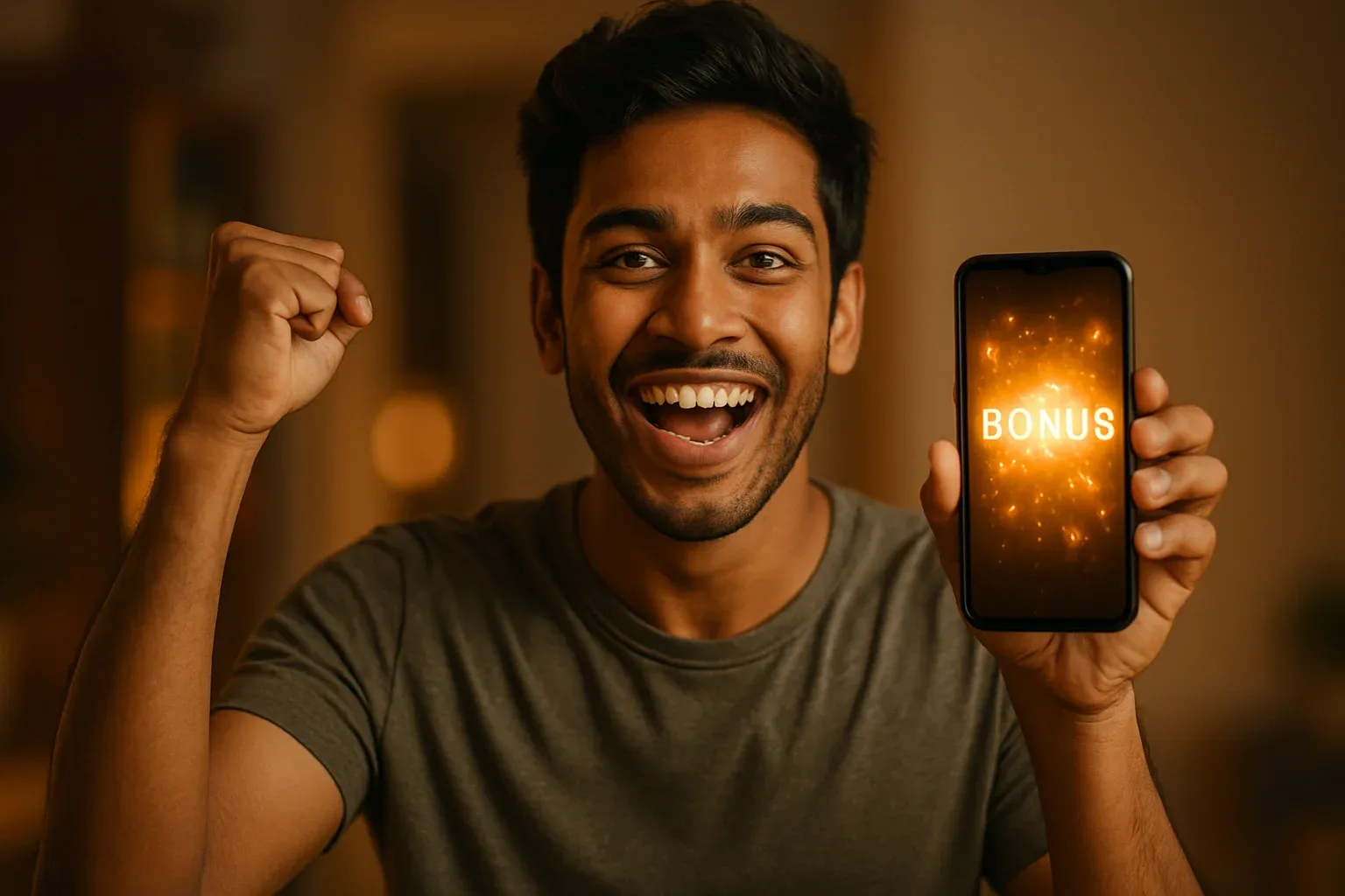 Joyful Bangladeshi man holding smartphone with glowing bonus notification celebration