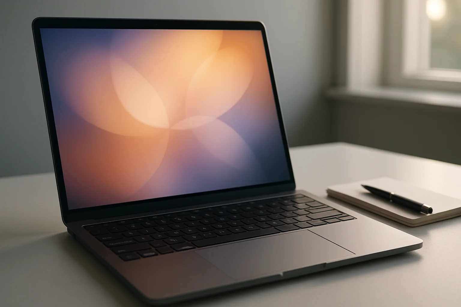 Modern laptop on clean white desk with glowing abstract screen