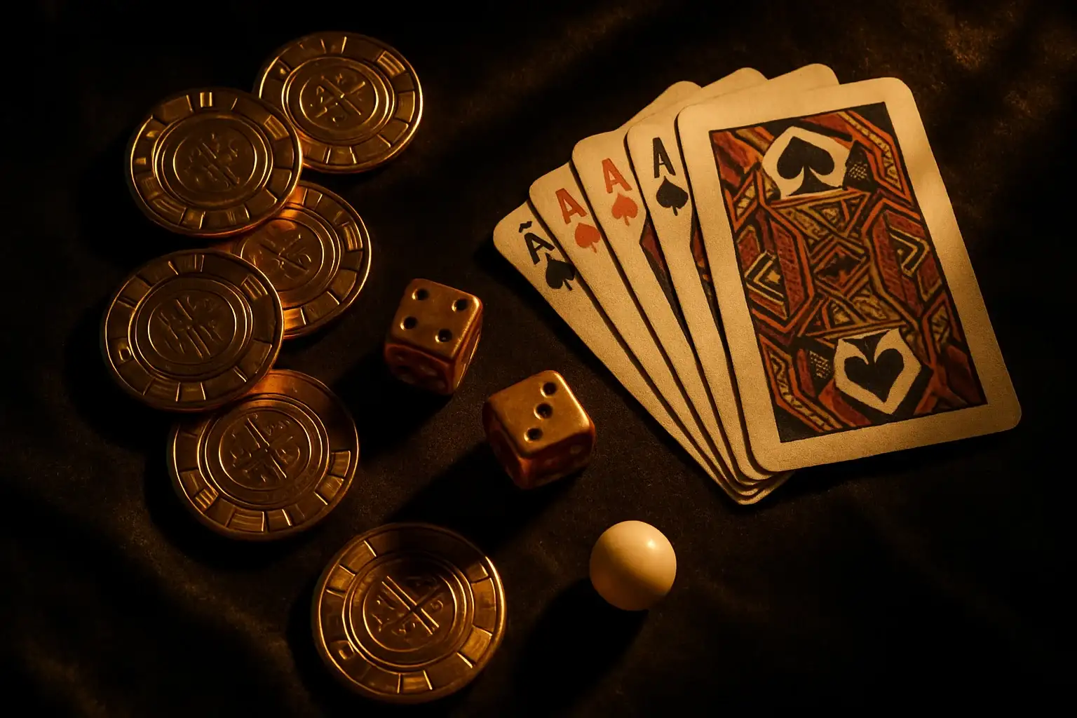 Top-down casino scene with chips, cards, dice, and roulette ball