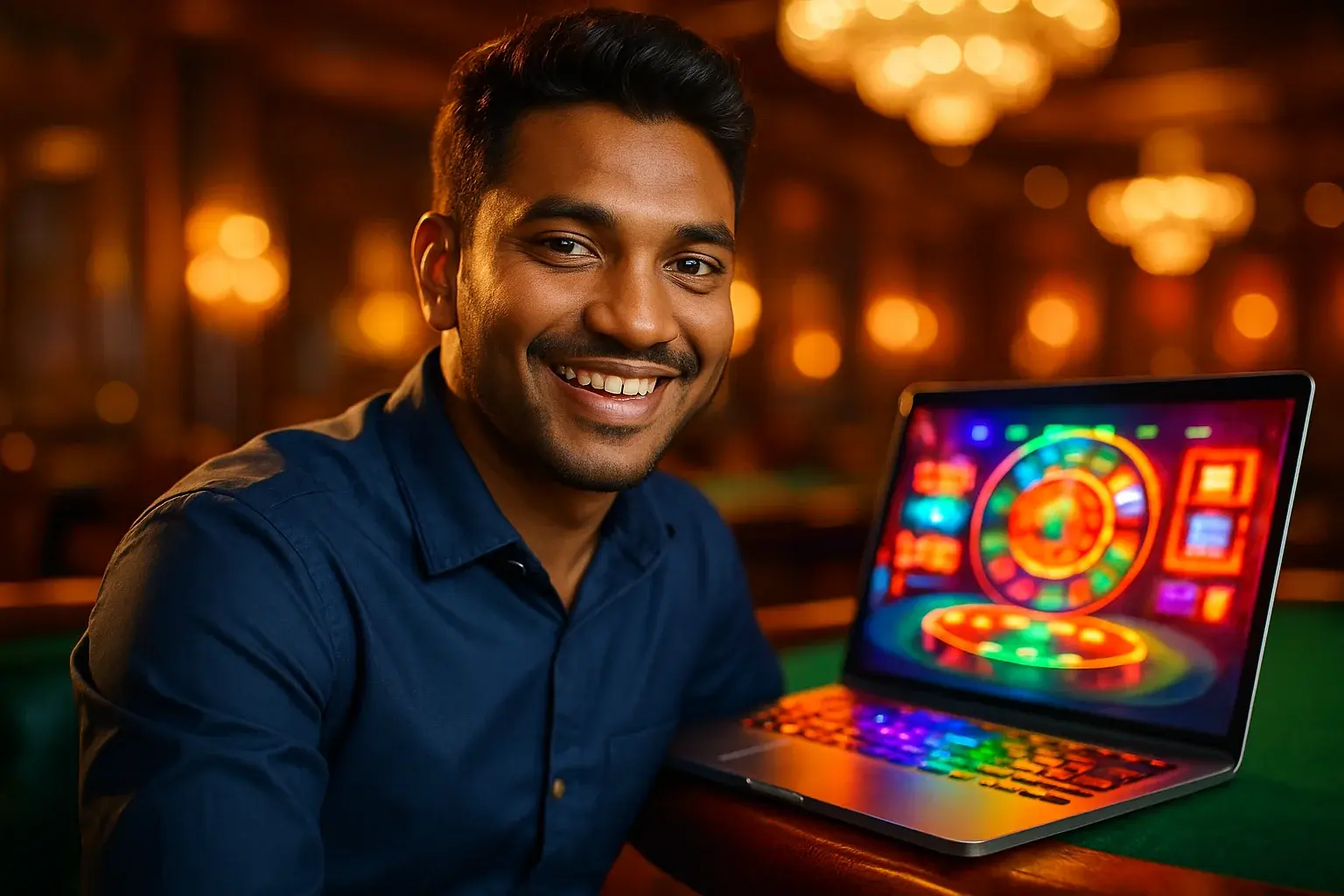 Cheerful Bangladeshi man with open laptop in luxury casino lounge