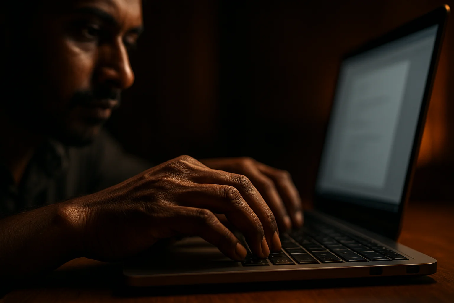 Bangladeshi man's hands typing on modern laptop keyboard in dramatic lighting