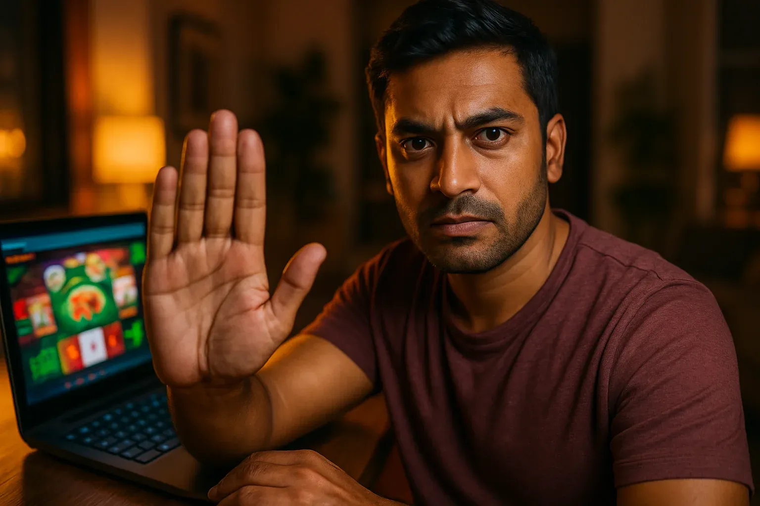 Bangladeshi man making stop gesture beside blurred online casino laptop