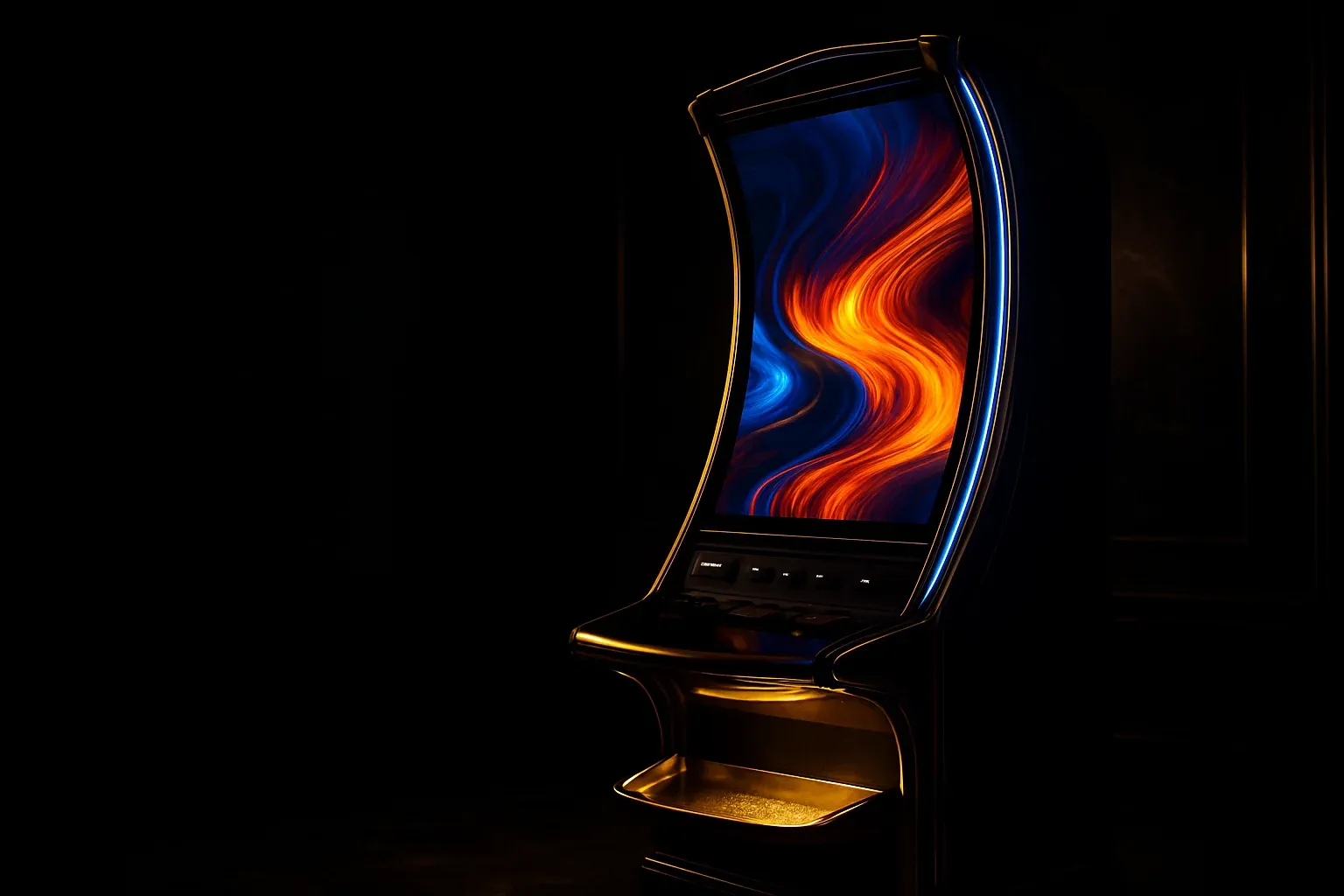 Hyperrealistic premium slot machine in dark luxury setting with neon lighting